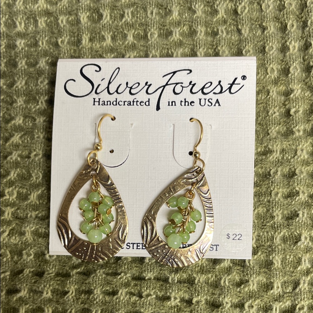 Silver Forest Gold and Light Green Round Beads Tear Drop Dangle Earrings NEW